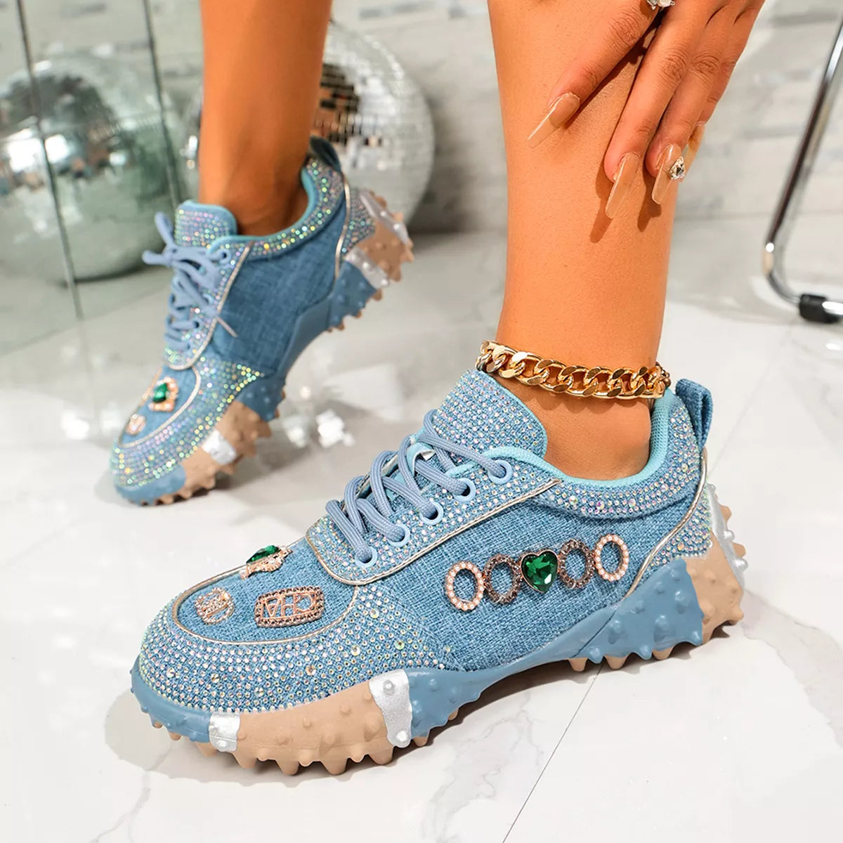 Rhinestone Round Toe Sneakers - Lilixa.store