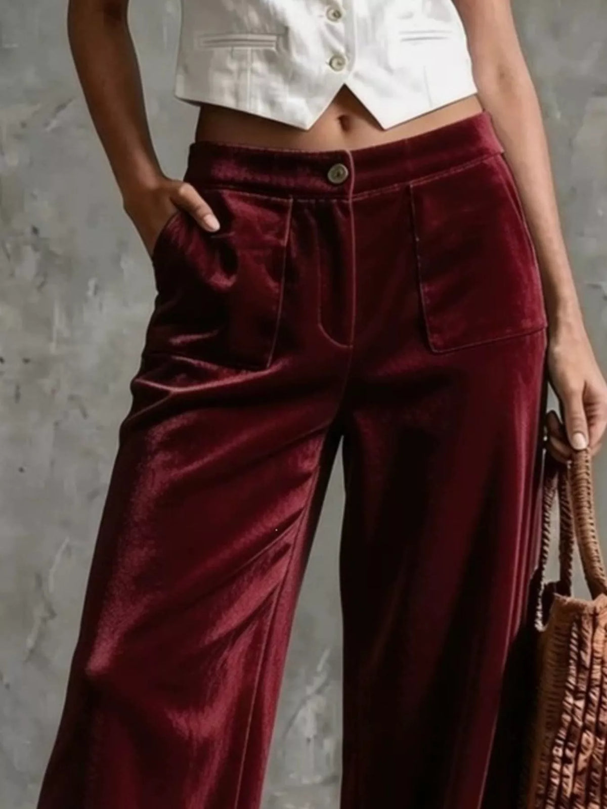 Full Size High-Waisted Wide-Leg Velvet Pants with Front Pockets Plus Size, view 4