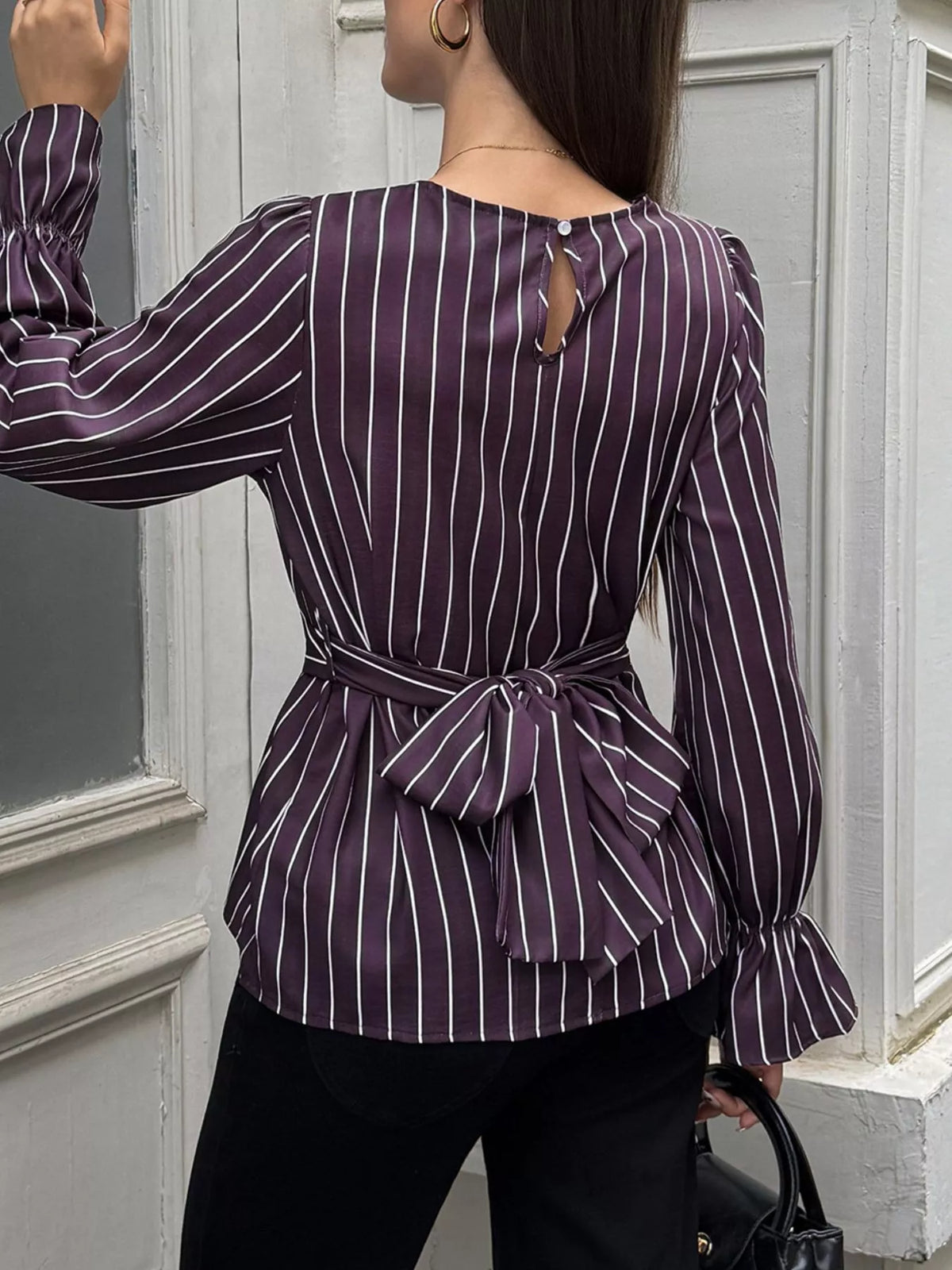 Striped Flounce Sleeves Blouse