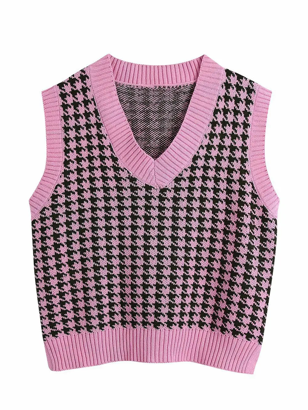 Houndstooth V-Neck Sweater Vest in Pink Purple