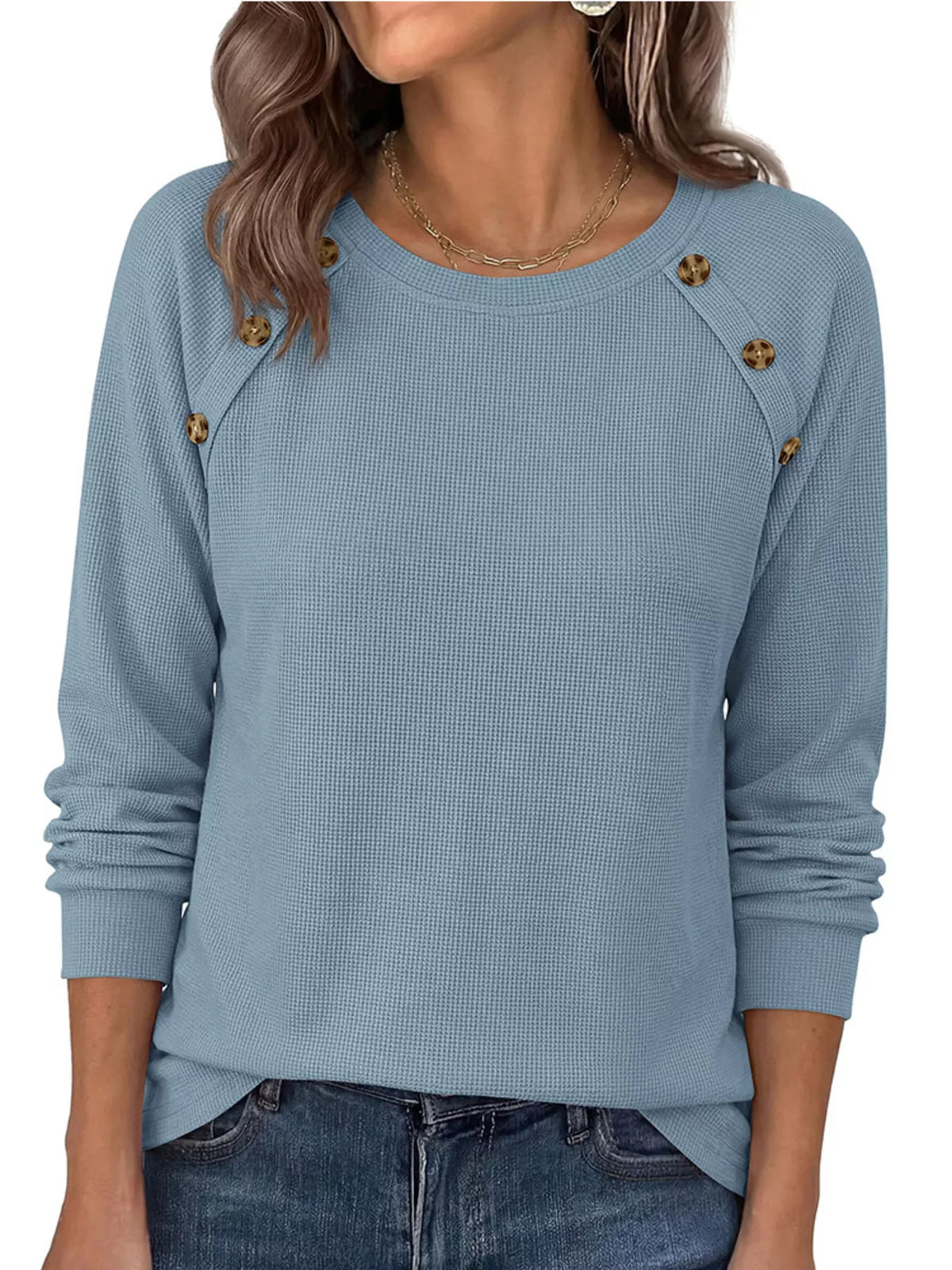 Decorative Button Waffle Knit Long Sleeve T-Shirt