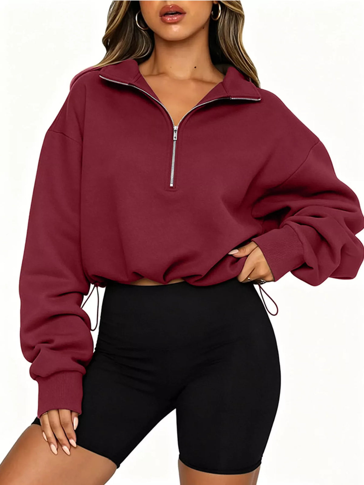 Half Zip Drawstring Hem Sweatshirt - Lilixa.store