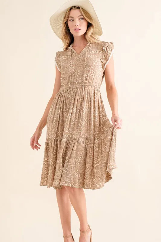 And The Why Boho Printed Tiered Maxi Dress in Taupe, view 3