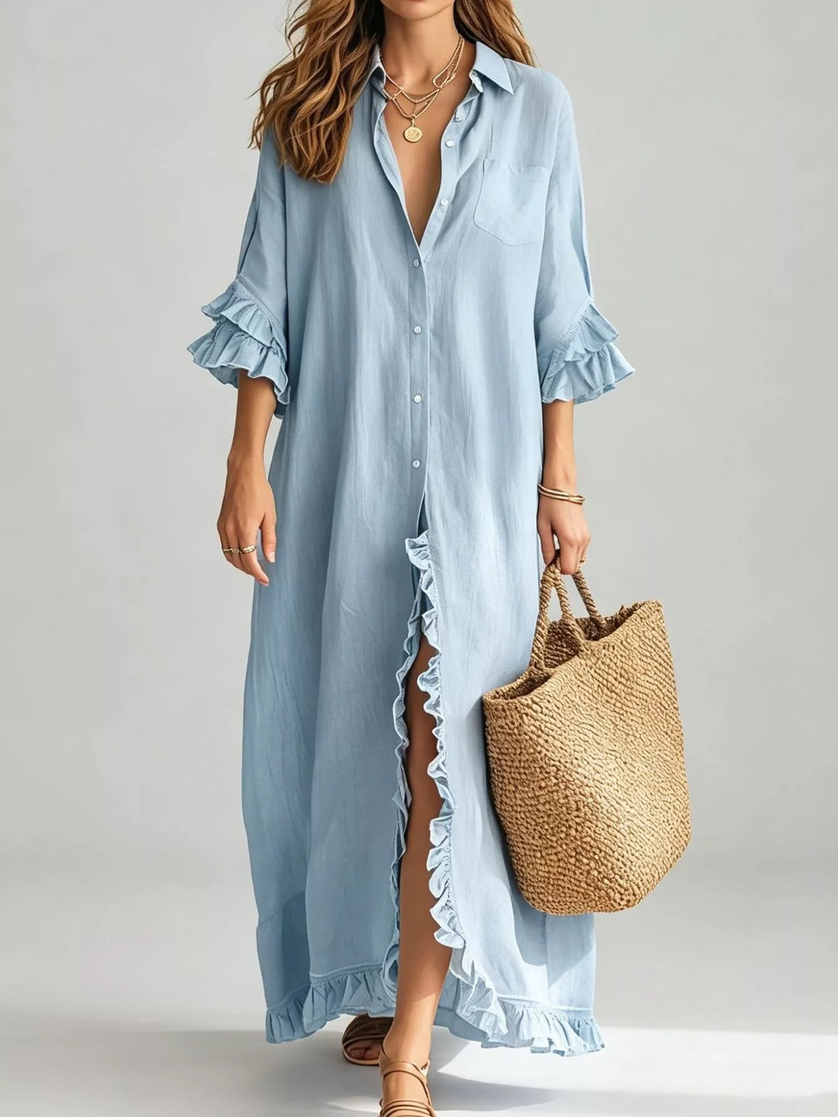 Full Size Ruffled Trim Button-Down Maxi Shirt Dress Plus Size