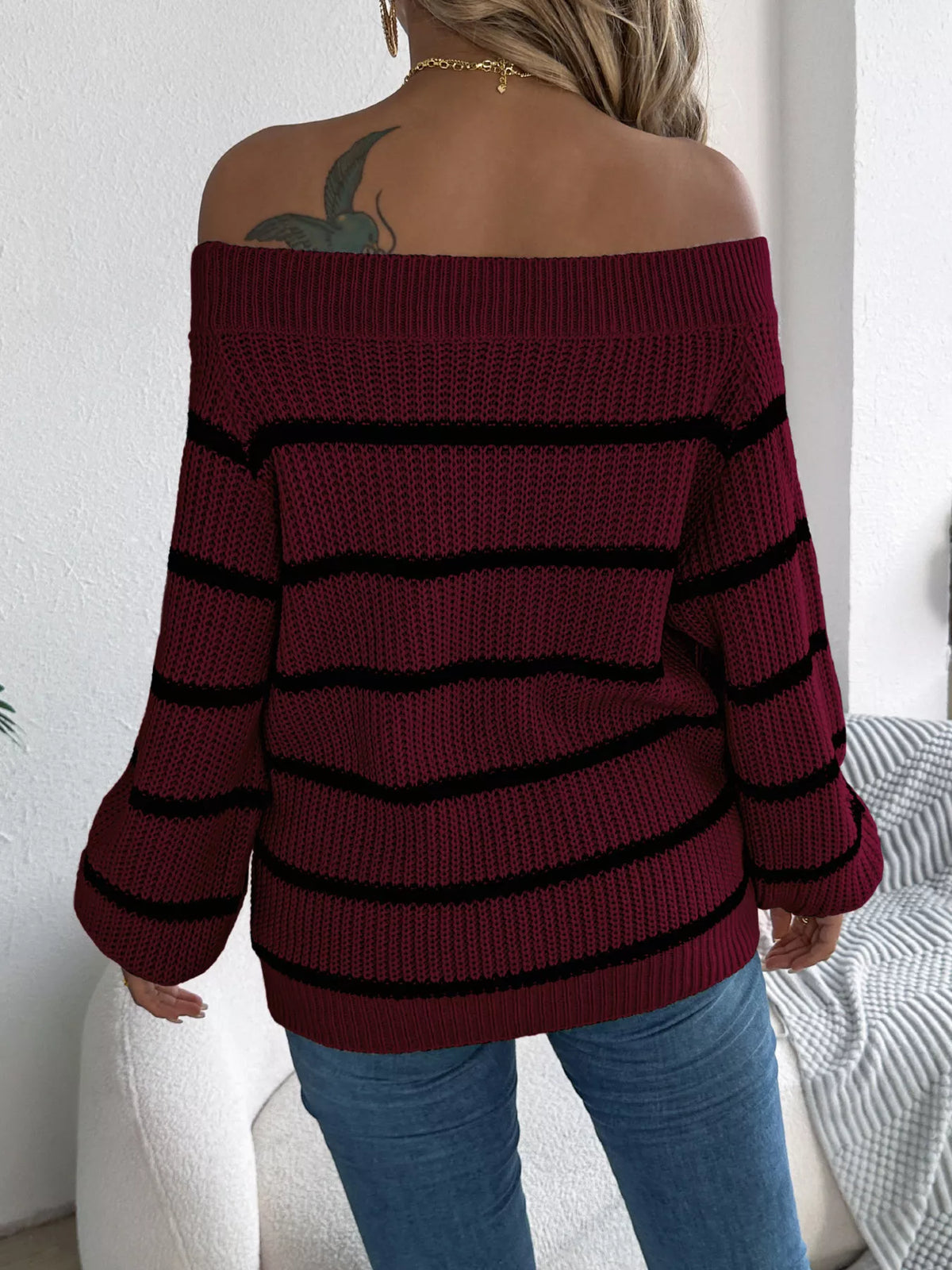 Off-Shoulder Striped Contrast Sweater, view 12