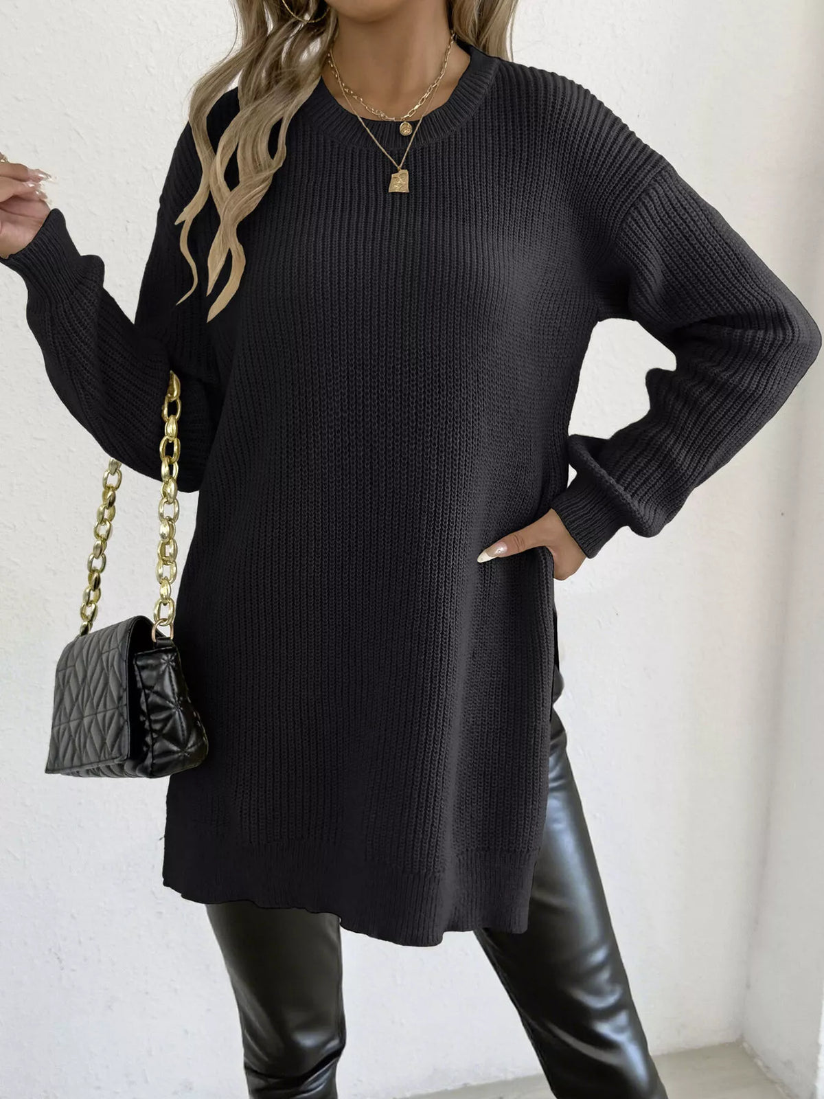 Side-Slit Dropped Shoulder Sweater - Lilixa.store