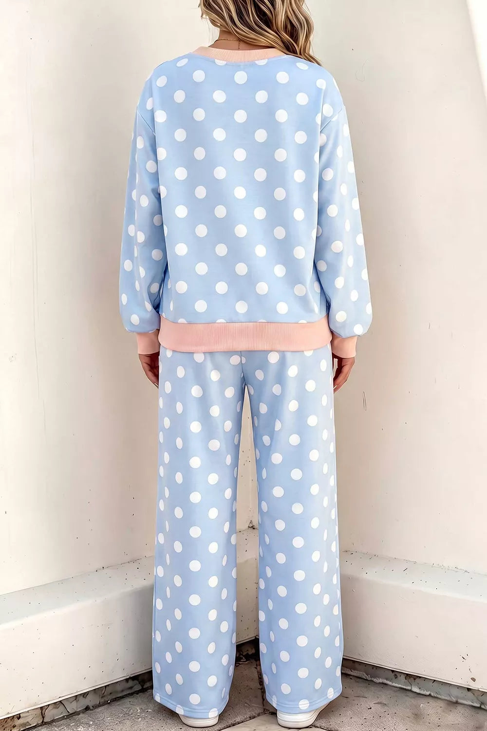 Polka Dot Contrast Trim Long Sleeve Top Drawstring Shift Pants Set - Lilixa.store
