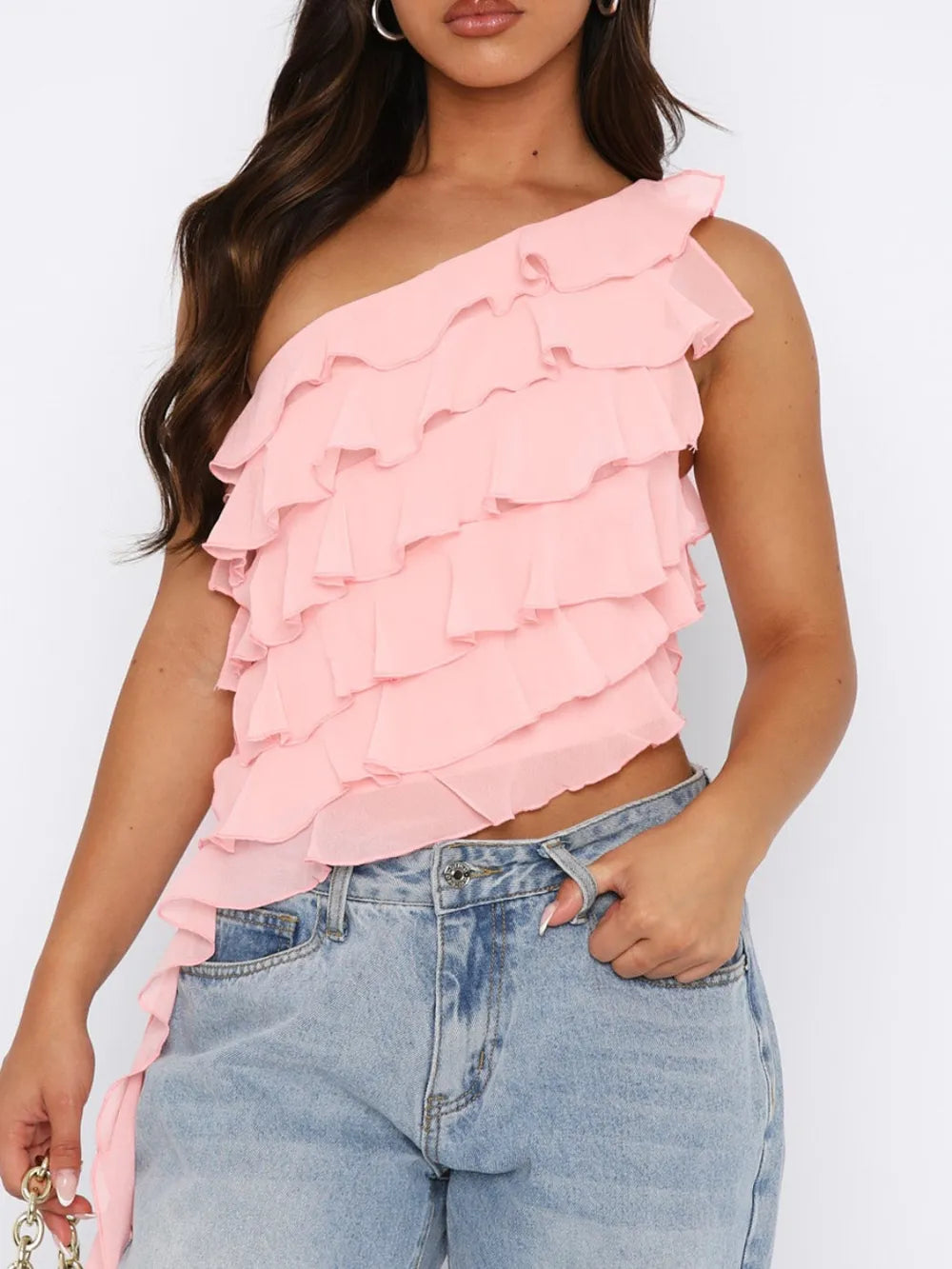 Layered Ruffled One Shoulder Tank - Lilixa.store