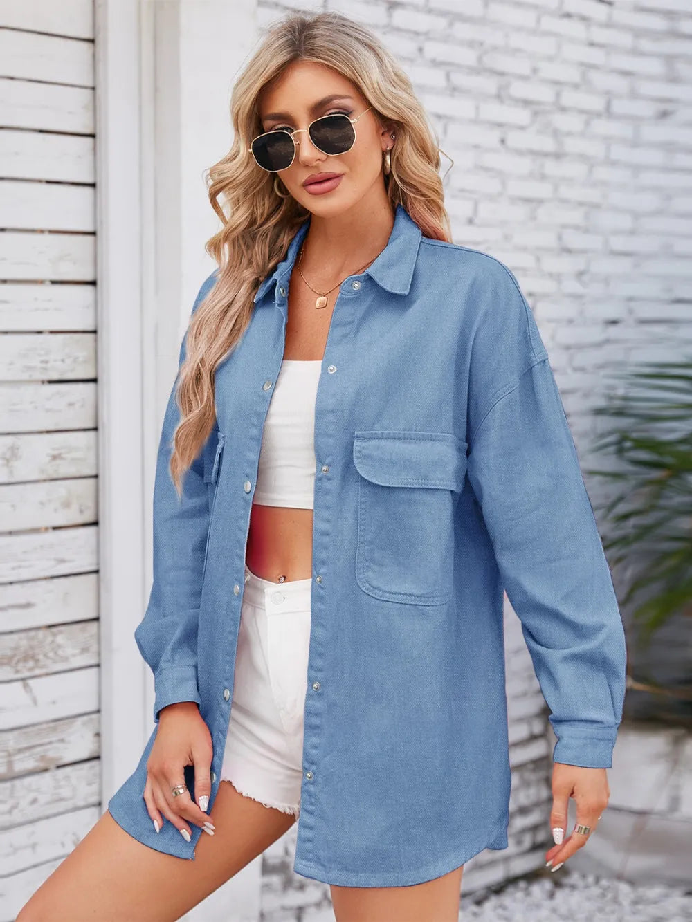 Pocketed Snap Down Dropped Shoulder Denim Shacket, view 4