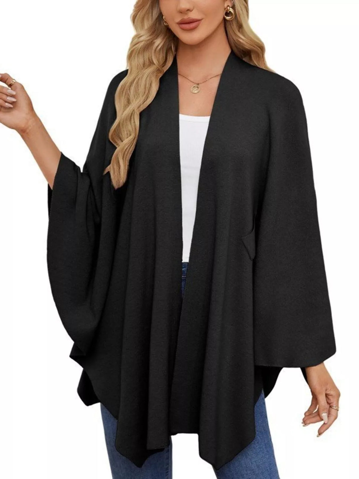 Solid Color Tie-Front Knit Cape Top, view 17