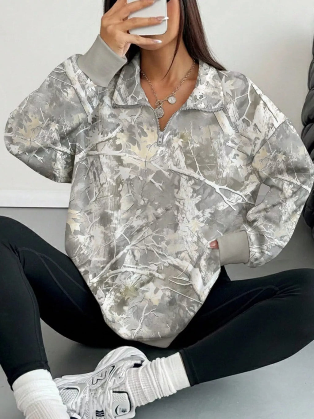 Quarter-Zip Printed Sweatshirt with Ribbed Cuffs - Lilixa.store