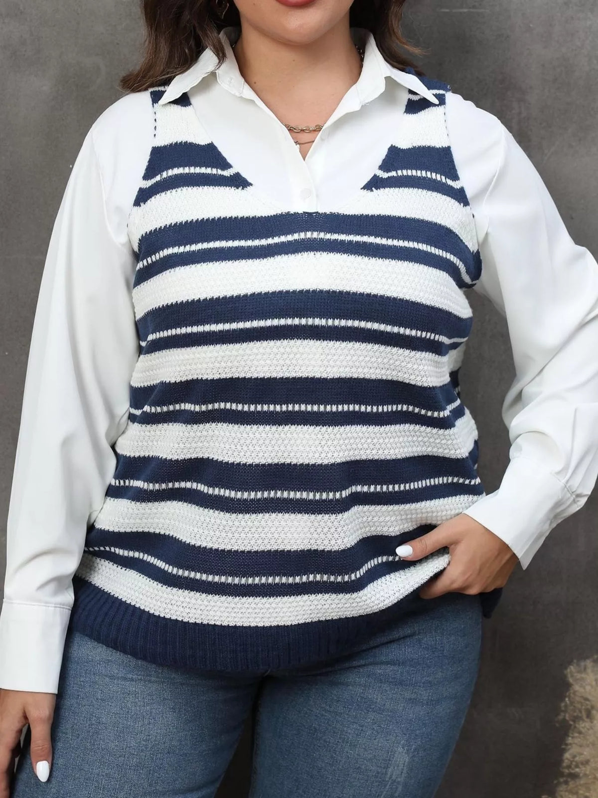 Plus Size Striped V-Neck Knit Sweater Vest - Lilixa.store