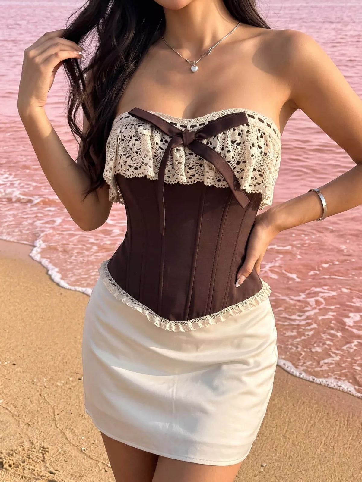Crochet Lace Strapless Boned Corset Lace‑Up Waist Cincher Tube Top - Lilixa.store