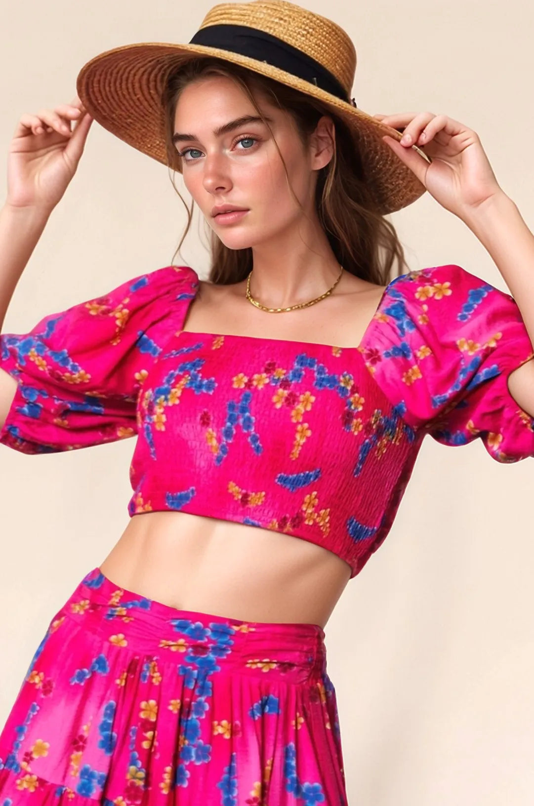 Davi & Dani Smocing Bodice Puff Short Sleeve Printed Crop Top - Lilixa.store