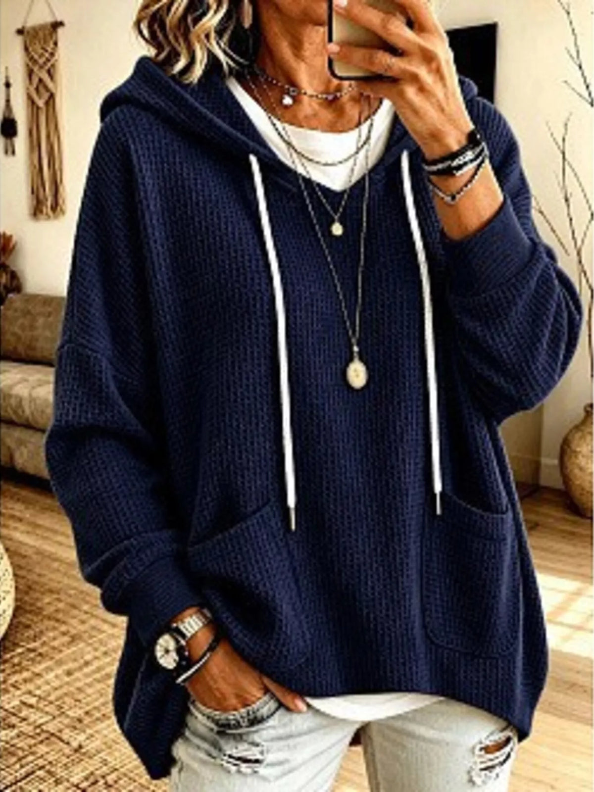 Full Size Waffle Knit Hoodie with Pockets Plus Size - Lilixa.store