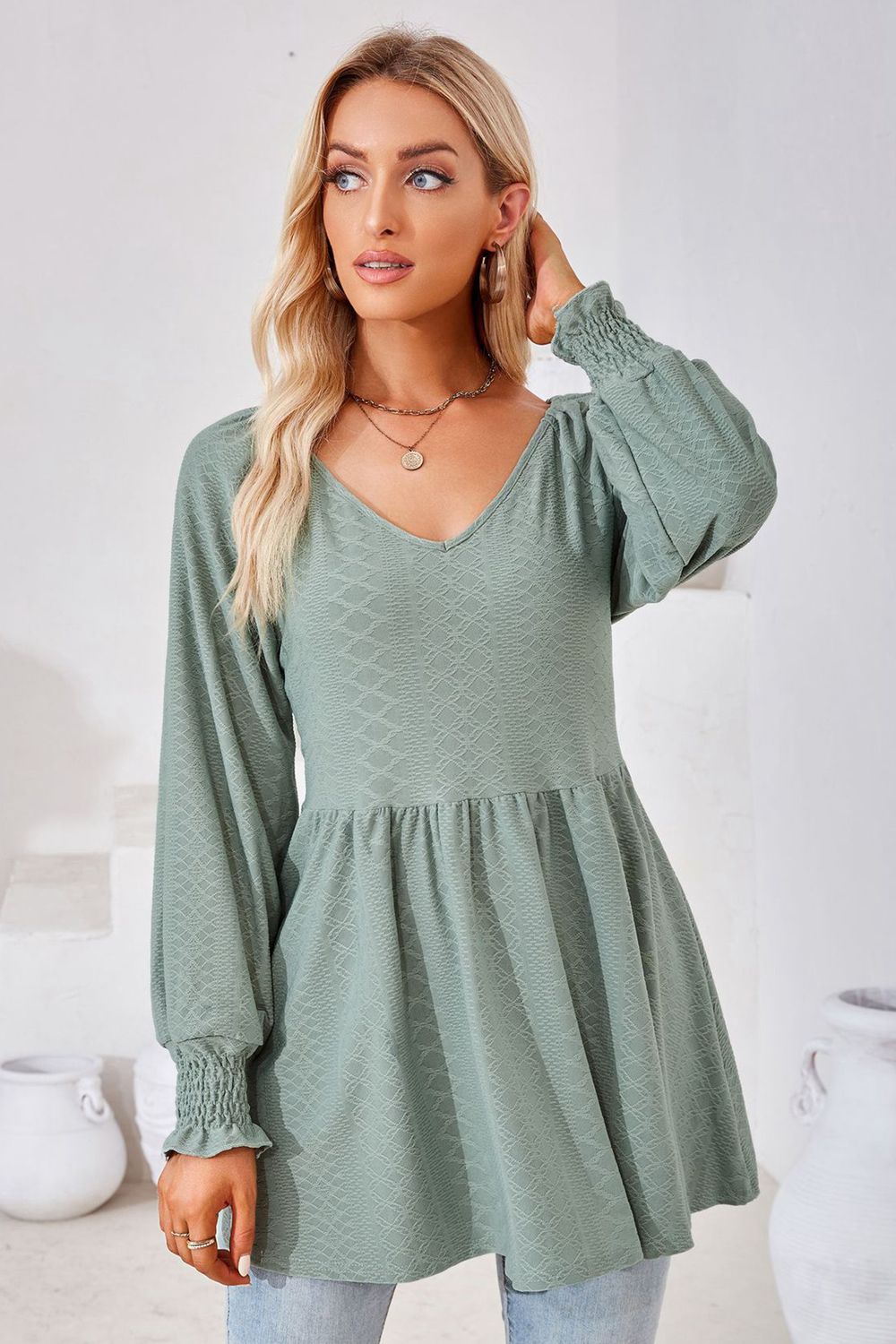 V-Neck Lantern Sleeve Blouse, view 5