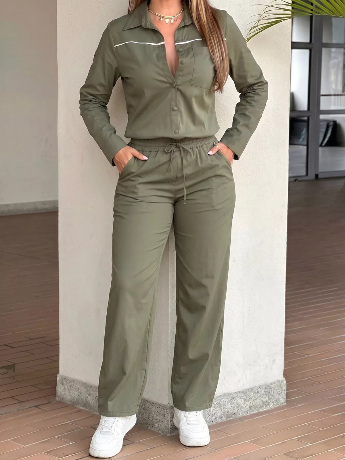 Button Front Jumpsuit with Drawstring Waist