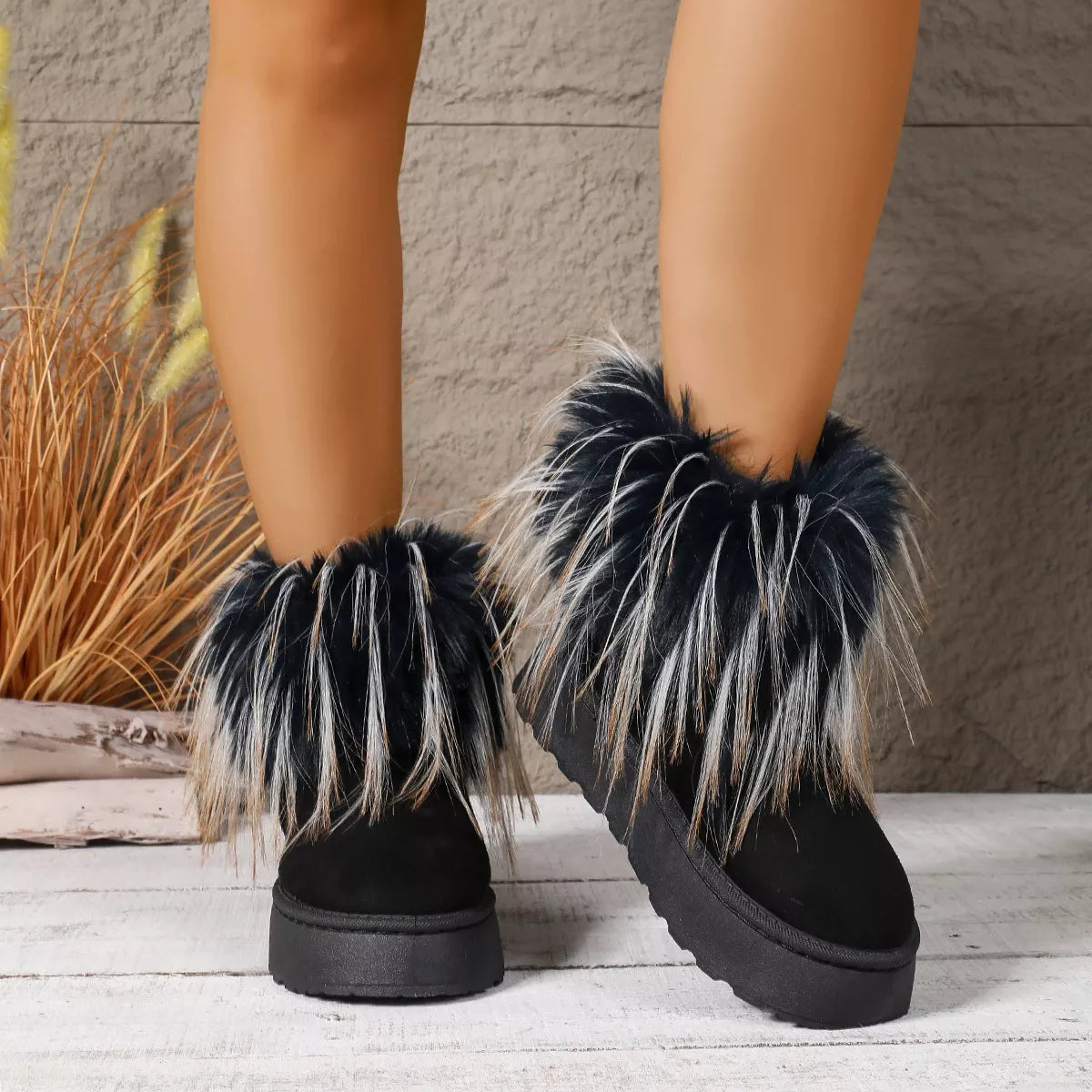 Fuzzy Trim Platform Ankle Boots - Lilixa.store