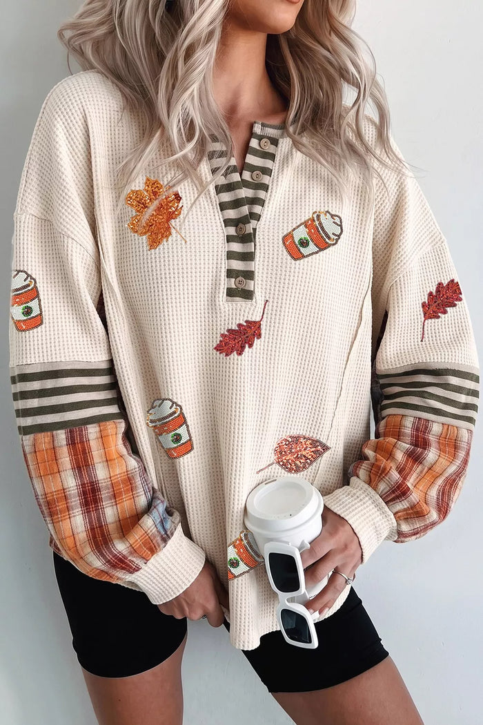 Sequin Autumn Leaf & Coffee Cup Waffle Knit Top in Beige
