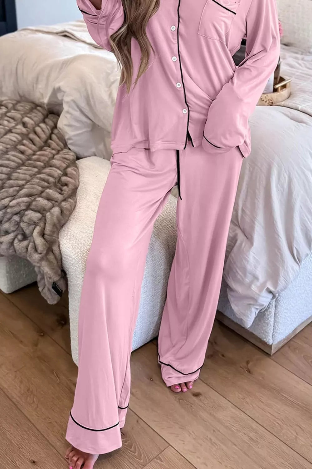 Contrast Trim Button Up Top and Pants Set - Lilixa.store