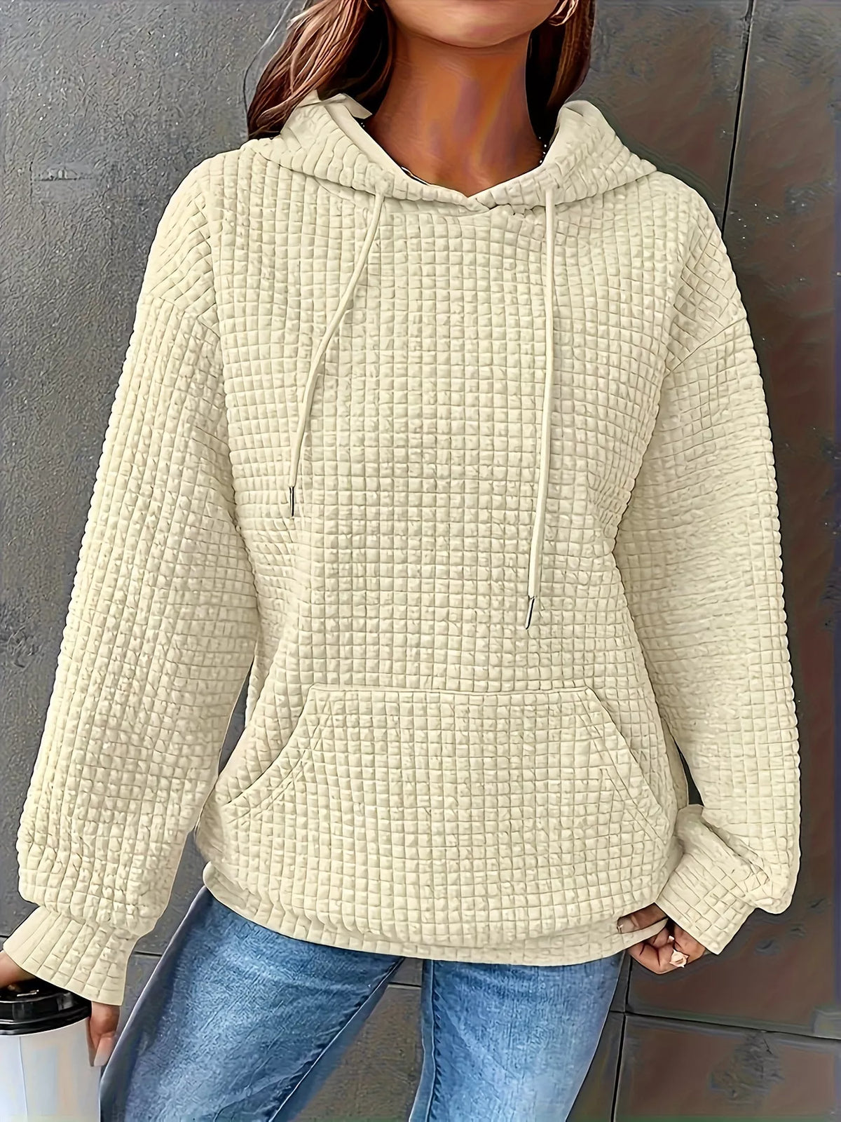 Textured Knit Drawstring Hoodie - Lilixa.store