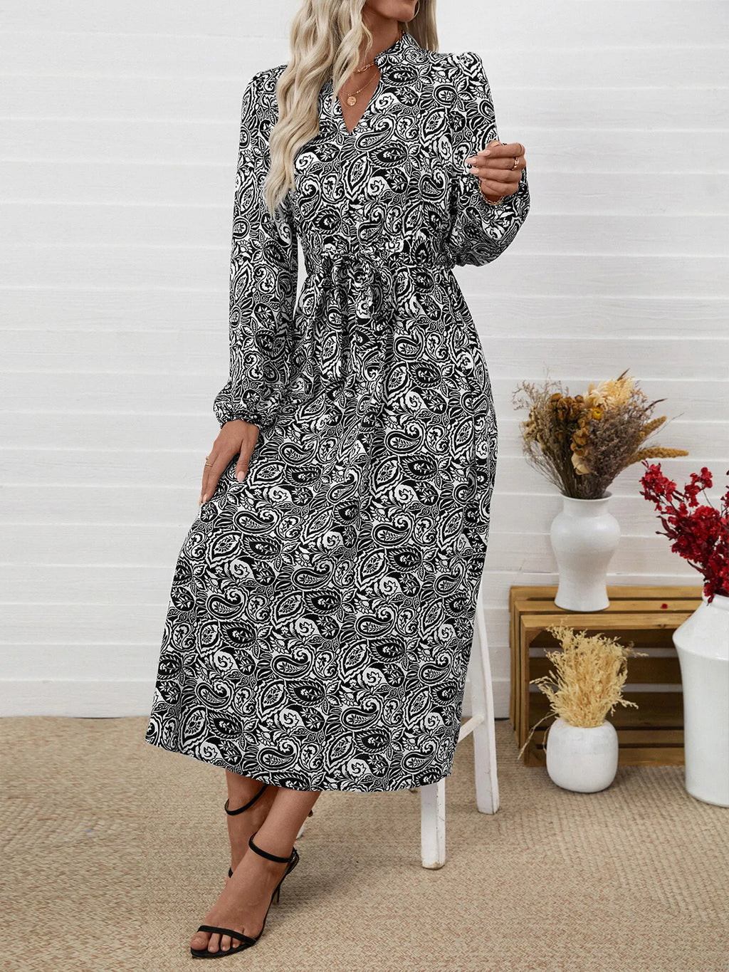 Paisley Print Long Sleeve Midi Dress in Black, view 4