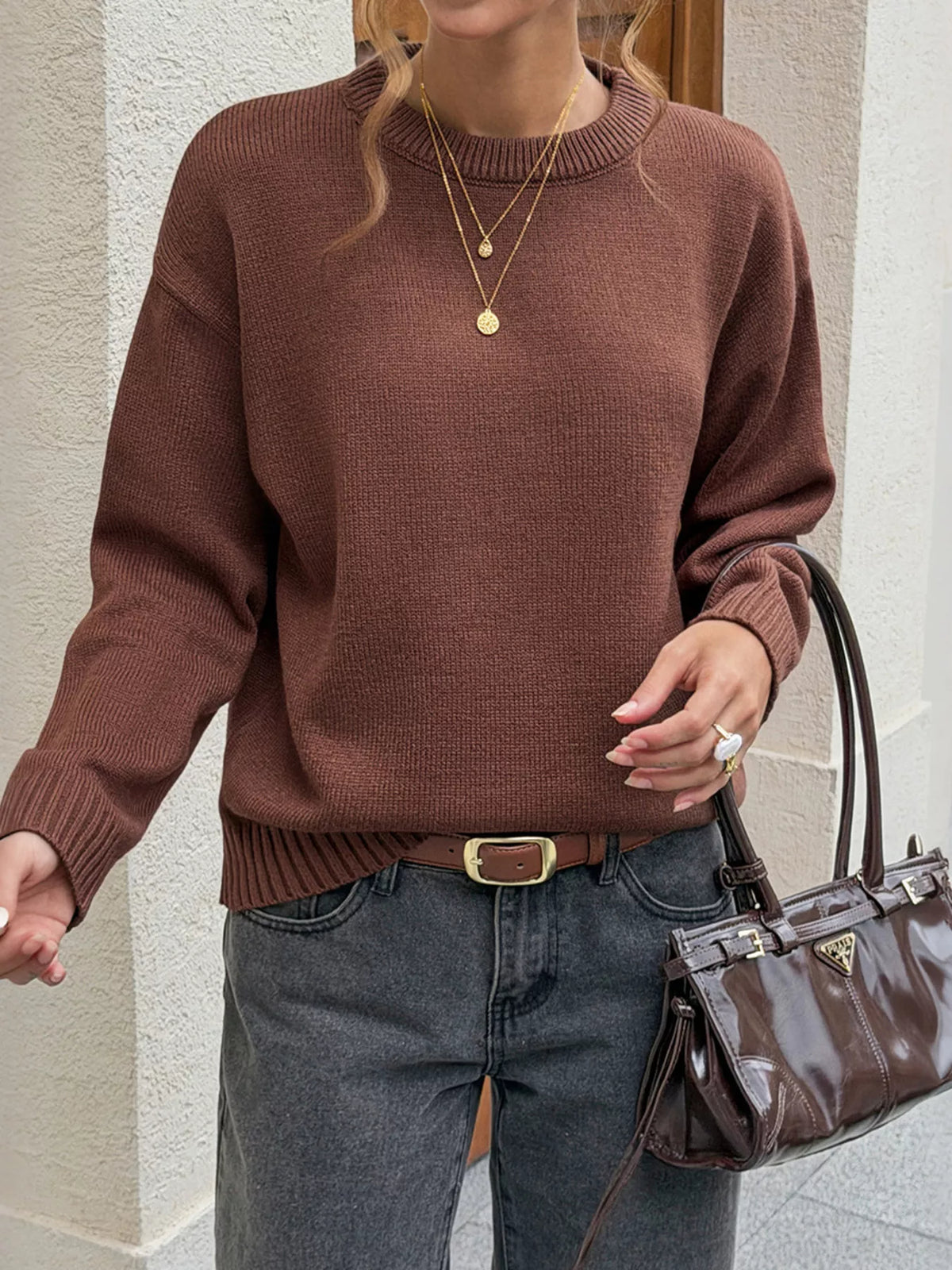 Crew Neck Ribbed Hem Sweater - Lilixa.store