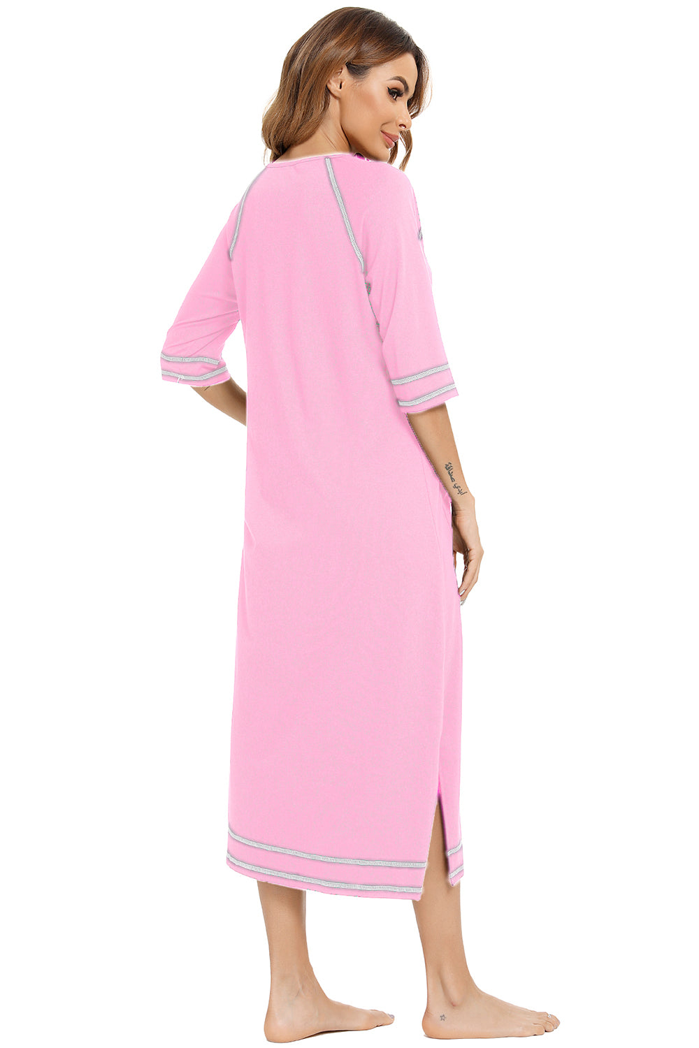 Zip Up Slit Round Neck Night Dress with Pockets, view 6
