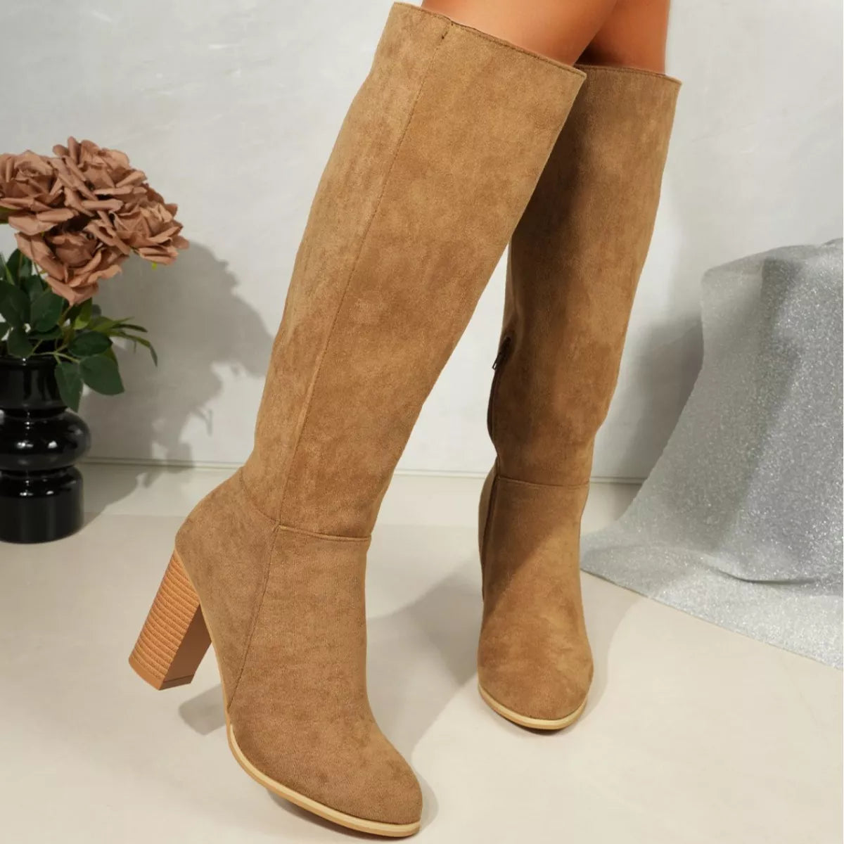 Point Toe Knee-High Suede Block Heel Boots - Lilixa.store