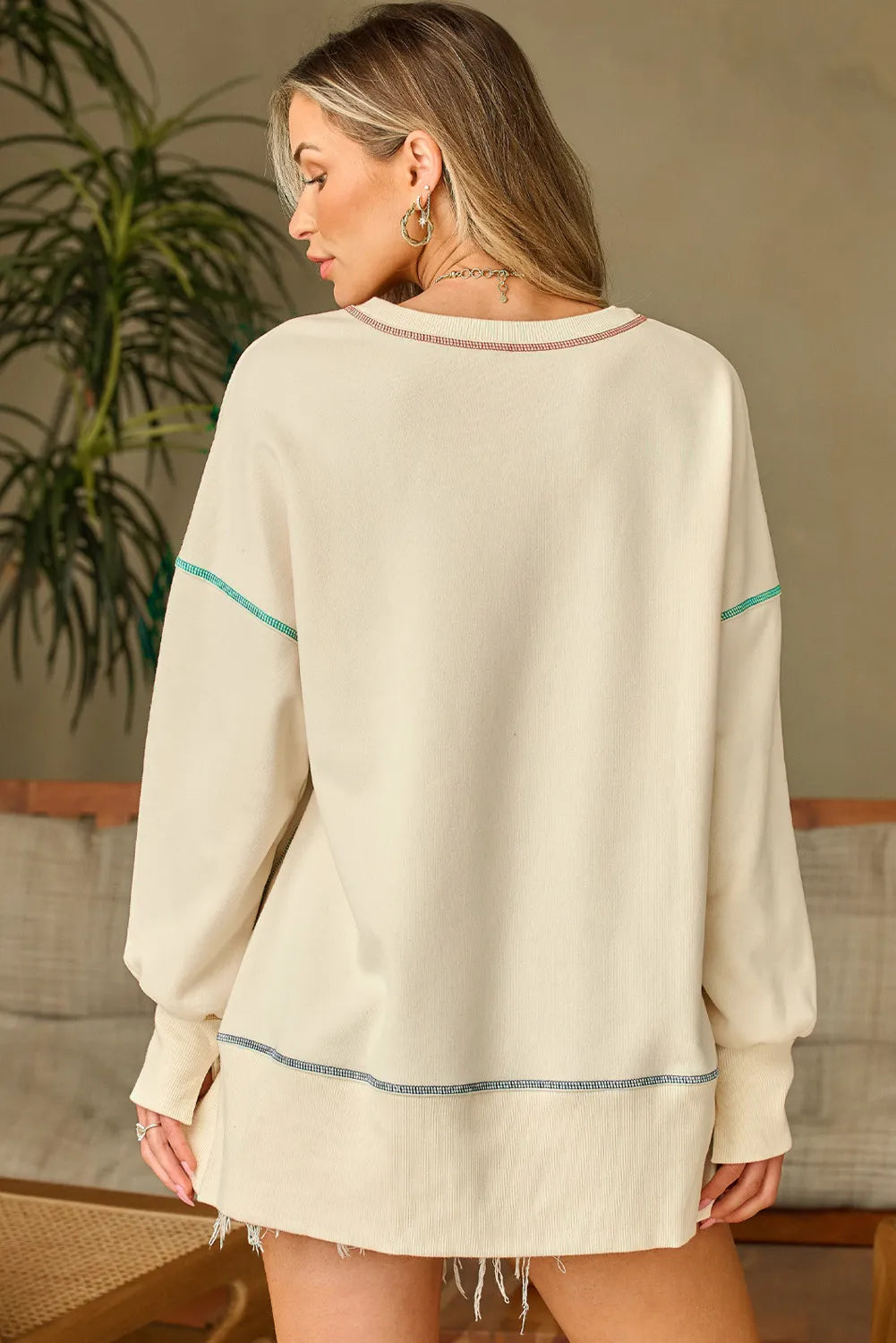 High-Low Contrast Stitching Round Neck Sweatshirt - Lilixa.store