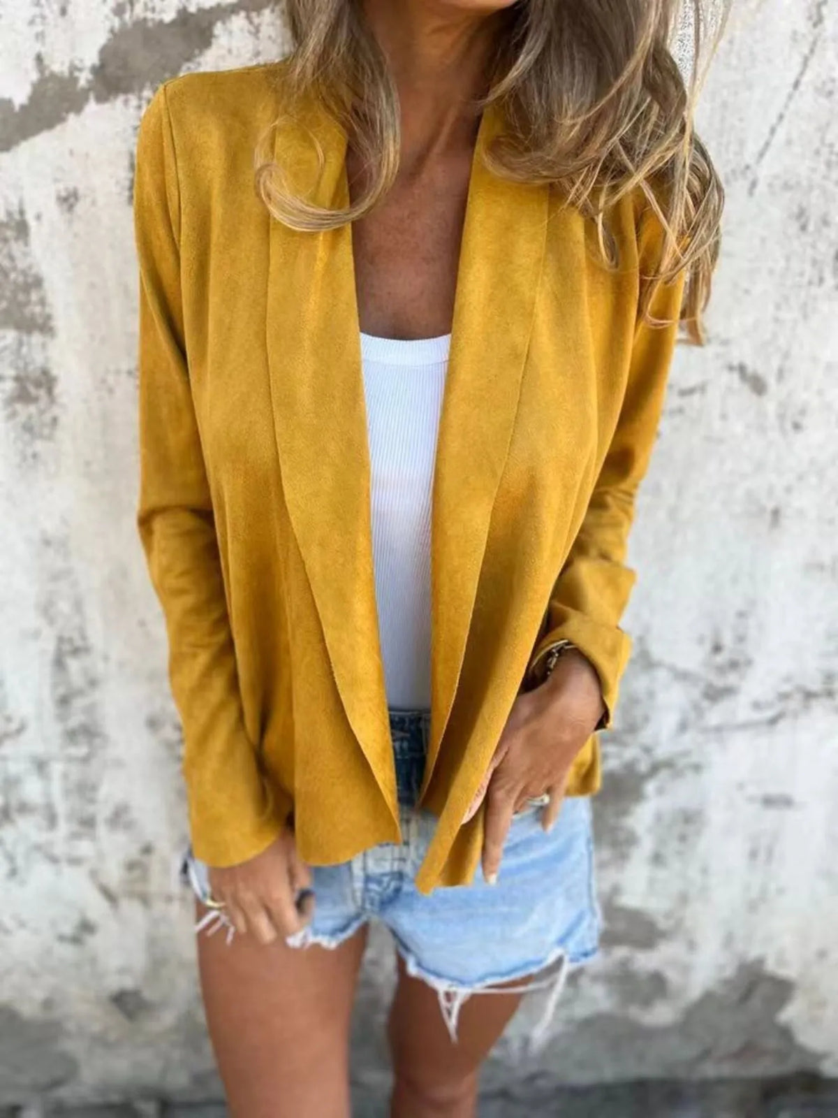Full Size Open Front Casual Cardigan Plus Size in Yellow