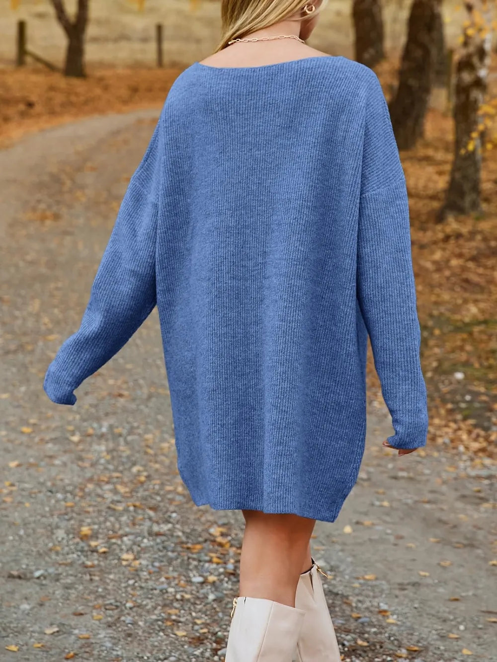 V-Neck Dropped Shoulder Sweater Dress, view 5