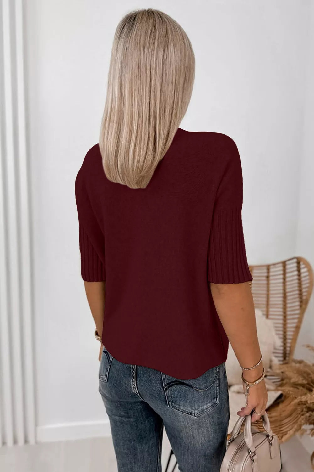 Mock Neck Half Sleeve Ribbed Sweater - Lilixa.store