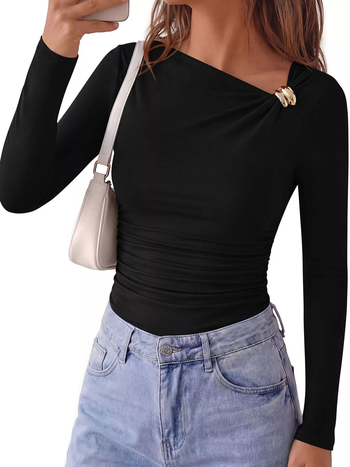 Metal Detail Long Sleeve T-Shirt - Lilixa.store