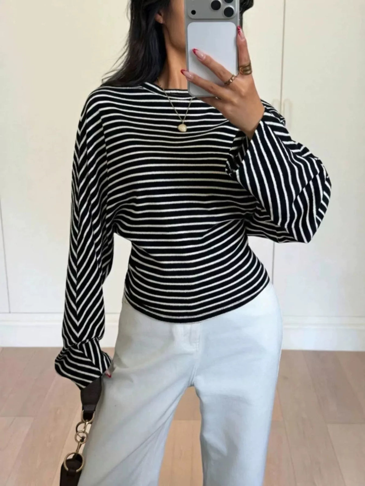 Casual Striped Long Sleeve Batwing T-Shirt, view 4