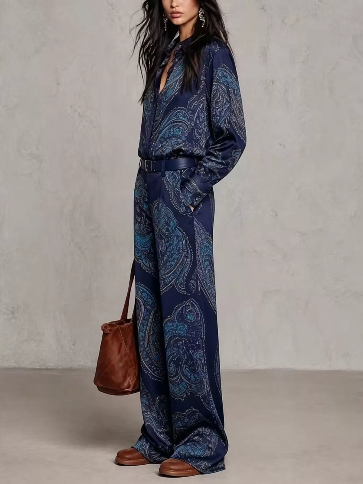 Paisley Print Long Sleeve Shirt and Wide-Leg Pants Set