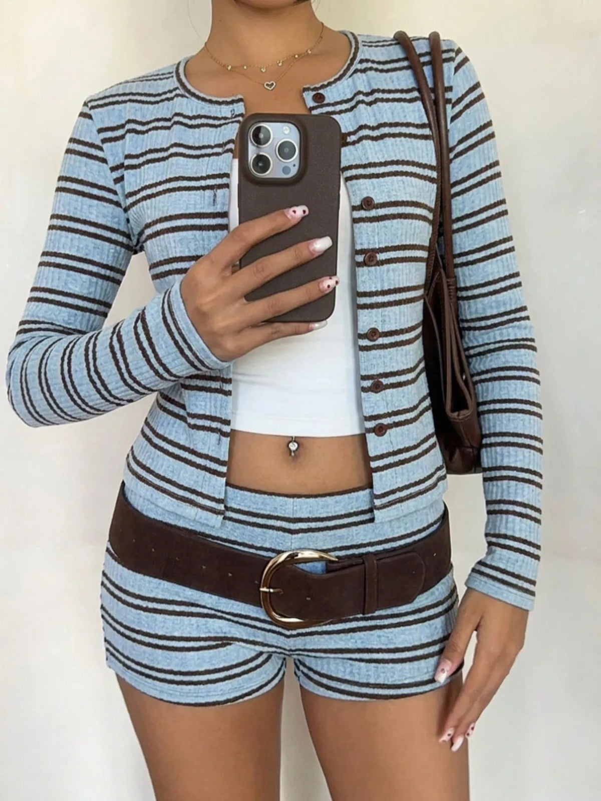 Striped Button-Down Cardigan and Shorts Set, view 6