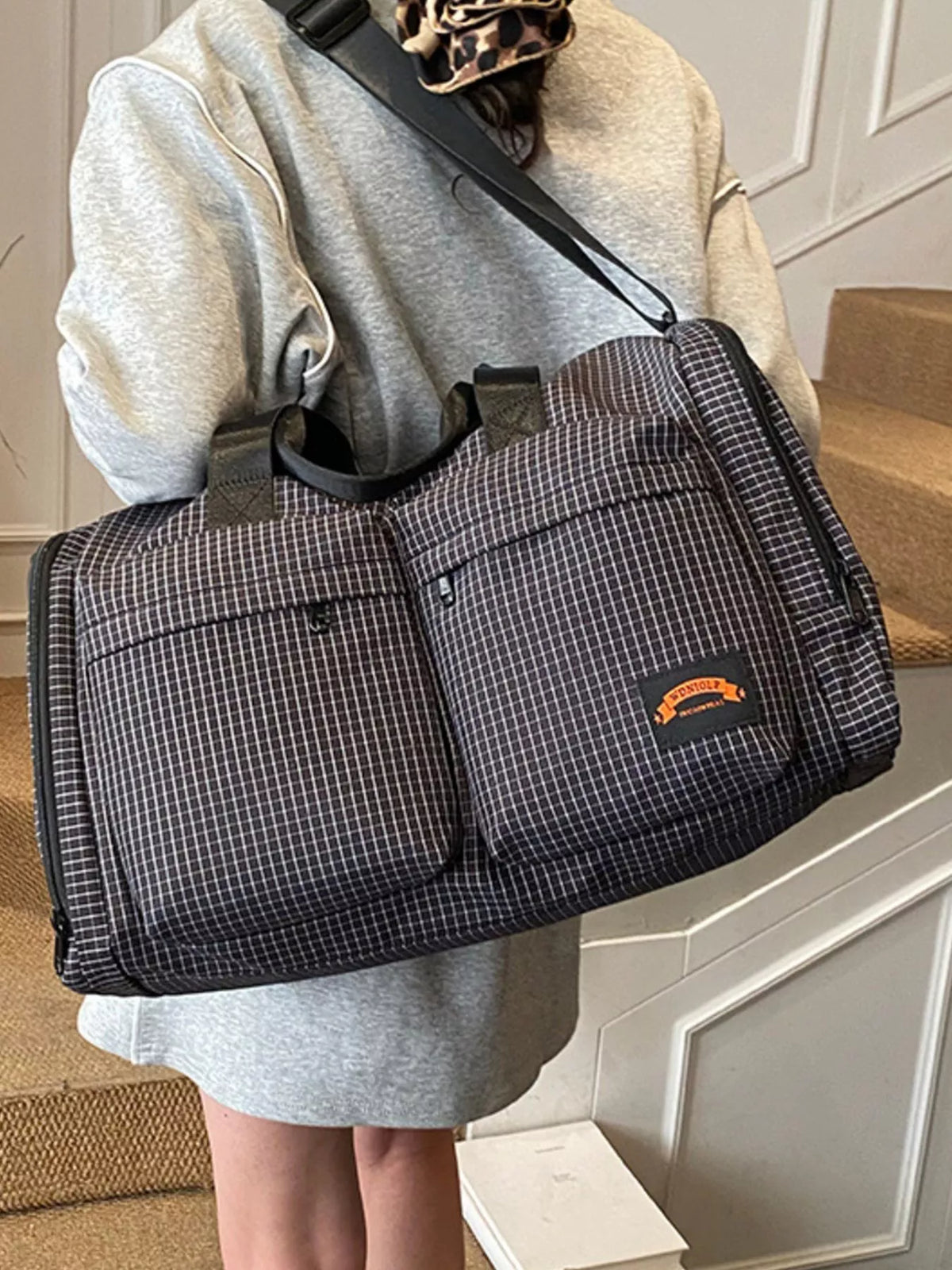 Plaid Duffel Bag with Multiple Pockets - Lilixa.store