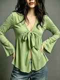 Tie-Front Flare Sleeve Blouse - Lilixa.store