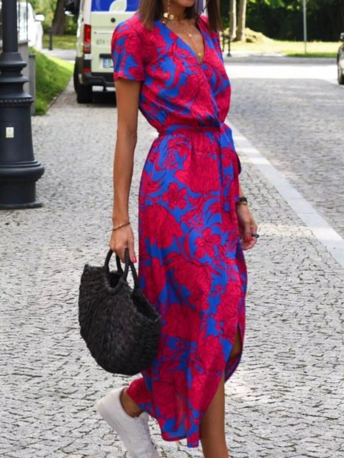 Full Size Slit Floral Print Short Sleeve Dress Plus Size - Lilixa.store