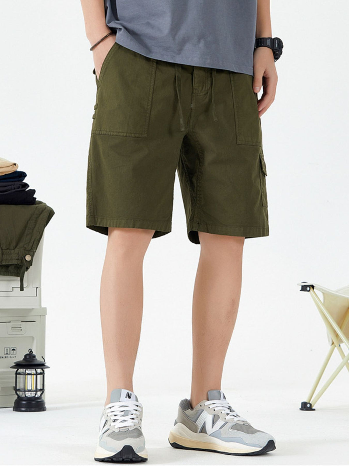 Men's Full Size Casual Cargo Shorts with Drawstring Plus Size in Army Green