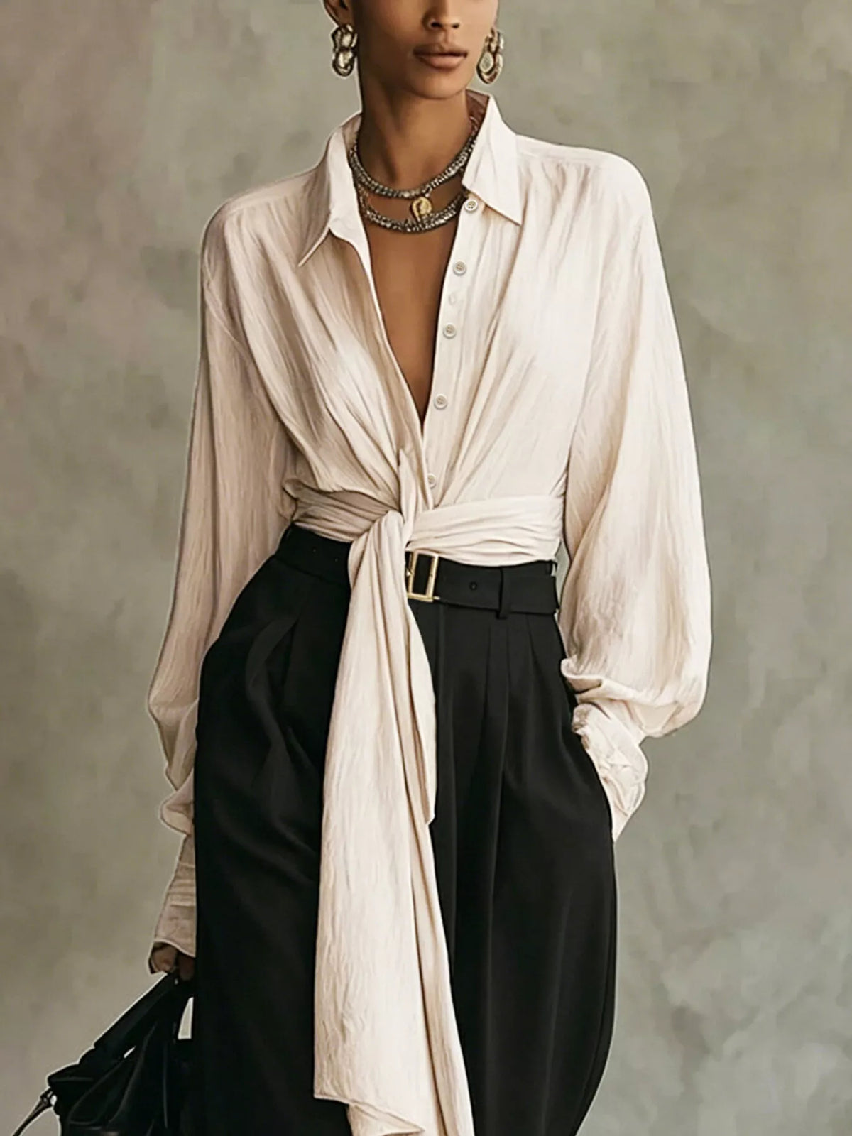 Tie-Front Shirt and Wide-Leg Pants Set