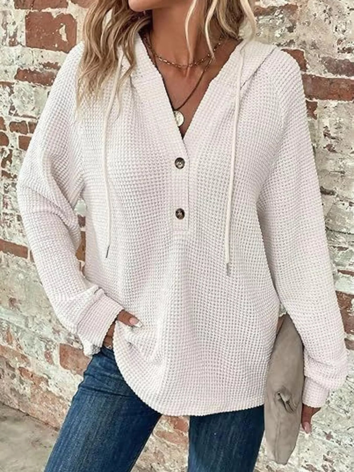 Full Size Waffle Knit Half-Button Hoodie Plus Size - Lilixa.store