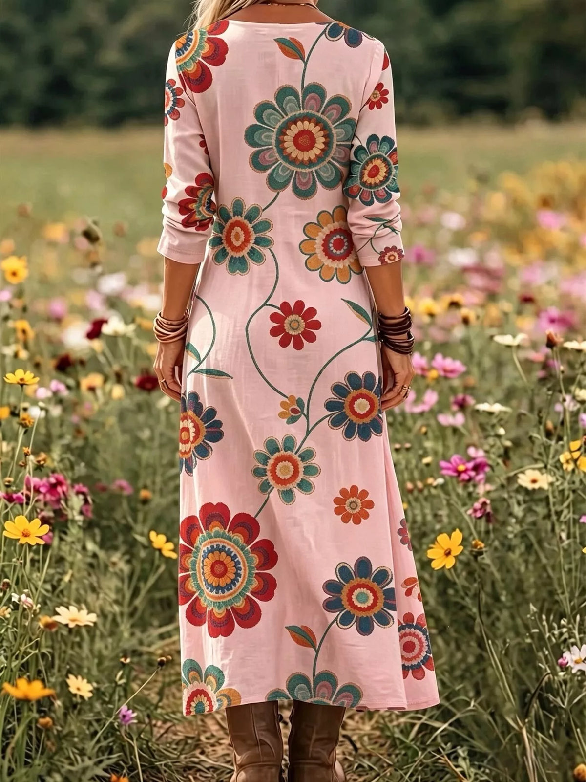 Floral Print V-Neck Long Sleeve Maxi Dress