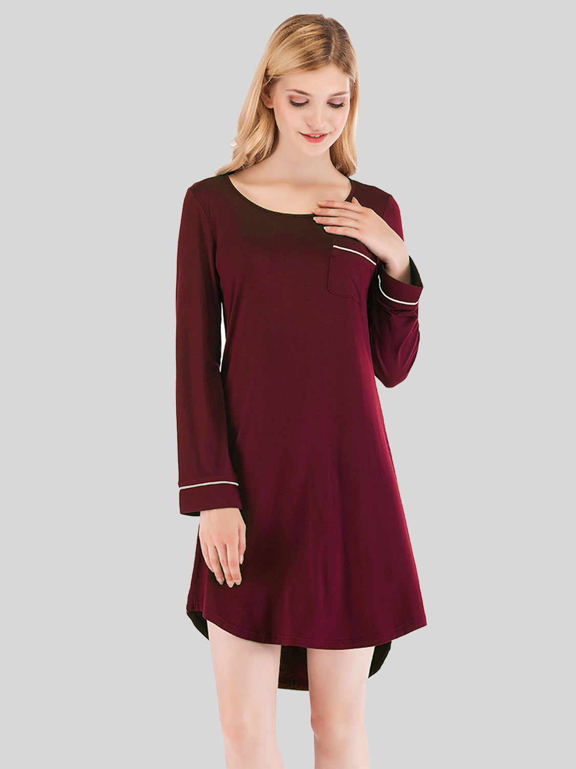 Round Neck Night Dress with Pocket in Wine