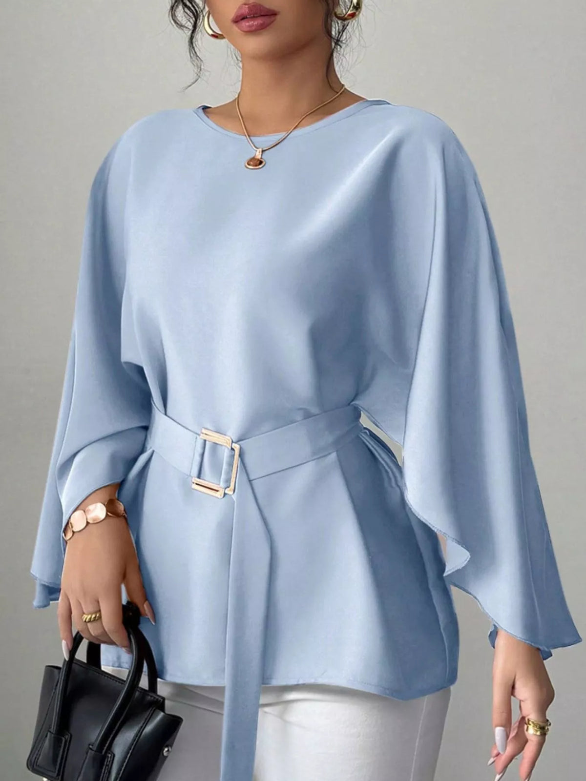 Round Neck Belt Batwing Sleeve Blouse - Lilixa.store