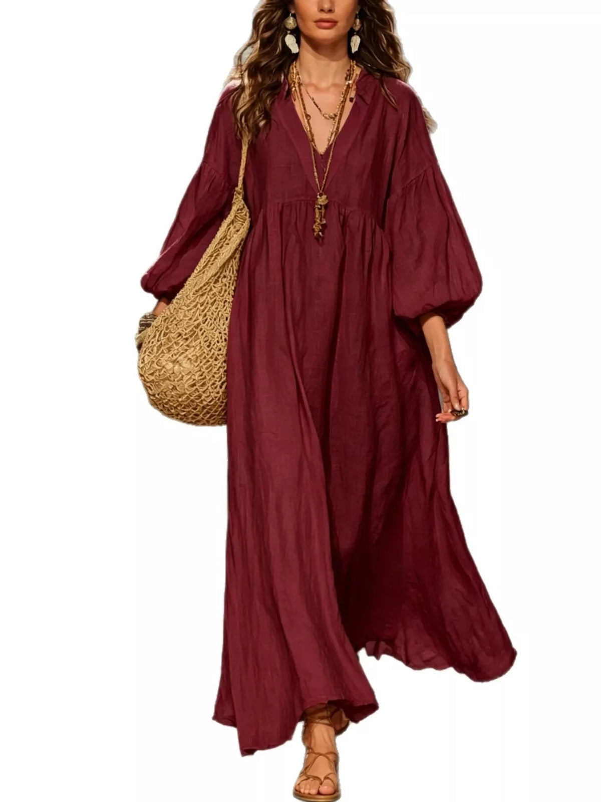 Full Size Notched 3/4 Sleeve Maxi Dress Plus Size