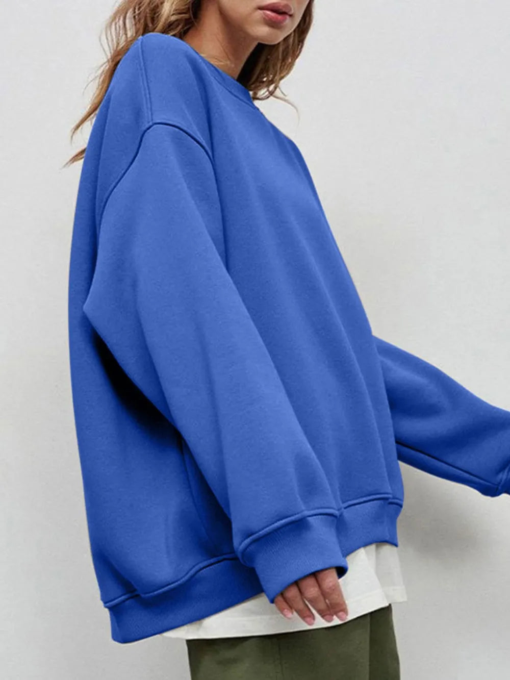 Round Neck Dropped Shoulder Long Sleeve Sweatshirt - Lilixa.store