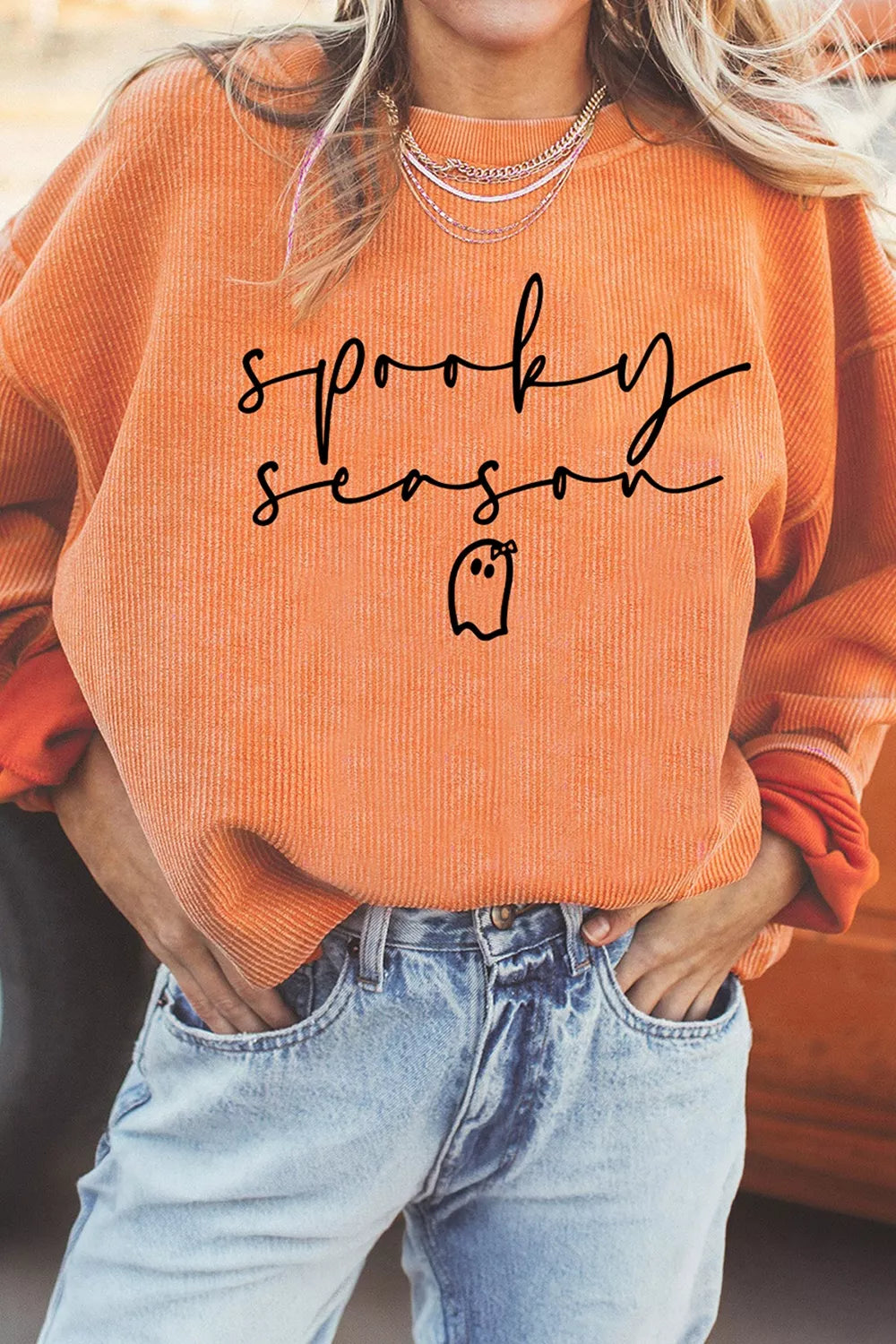 Spooky Season Ghost Letter Cozy Ribbed Pullover Sweatshirt in Sherbet, view 3