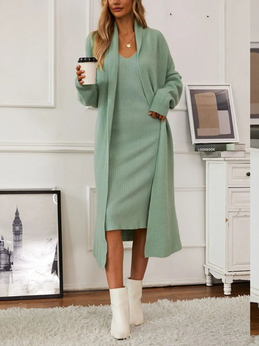 V-Neck Cami Dress and Open Front Cardigan Sweater Set, view 6